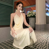 Daiiibabyyy  2026 French Fashionable Elegant Satin Evening Gown Women's Backless V-neck Halter Camisole Long Dress Sexy Chic Banquet Gown