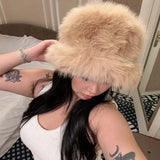 Daiiibabyyy  New Fashion Faux Rabbit Fur Bucket Hat for Women's Russian Luxury Fluffy Warm Wrap Winter Hat Fuzzy Plush Beanies Hat Y2k