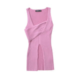 Daiiibabyyy  Stylish Cross-over Irregular Neckline Sleeveless Knitted Vest For Women Niche Sexy Slit Slim-fit Top CasualPure Desire 0FY1