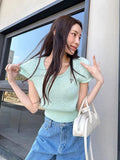 DAIIIBABYYY  -  Embroidered Heart-shaped Bubble Short Sleeve Knitted Sweater Women Summer New Sweet U-neck Elastic Slim Fit Top