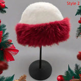 Daiiibabyyy  Christmas Red Fluffy Fur Bucket Hats women Thick Plush Winter Hat Imitation Mink Fur Christmas Hat Windproof Warm Panama Caps