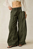 Daiiibabyyy  Women Vintage Loose Wide Leg Cargo Pants Elastic Waist Drawstring Big Pocket Long Trousers Spring Autumn Street Casual Pants