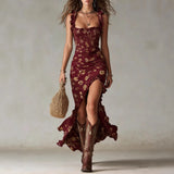 Daiiibabyyy  New Bohemian Vintage Ruffled Sleeveless Camisole High Slit Dress Ideal for Summer Occasions