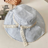 DAIIIBABYYY  -  Japanese Plaid Lace Bow Decorative Bucket Hat Women's Spring Summer Outdoor Shading Big Brim Vacation Foldable Lace-up Sun Cap