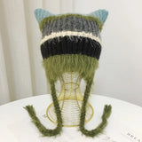 Daiiibabyyy  Cat Ear Contrast Stripe Handmade Crochet Plush Hat Children's cute ear protection warm imitation mink wool cap in winter
