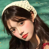Daiiibabyyy  French Hollow Triangle Headband Towel For Women Beige Crochet Headbands Bandana Summer Travel Literary Photo Hair Scarf Bands