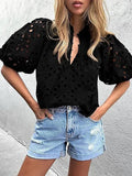 DAIIIBABYYY  -  Half Lantern Sleeve Fashion Tops, Women Summer Loungewear Solid Hollow Out Blouses, Ruffled Elegant Ladies Pullover Shirts