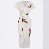 Daiiibabyyy  Summer Woman Dress Elegant Women's Satin Floral Print Dresses Long V Neck Wrap Maxi Dress Asymmetrical Hem Self Tie Belt