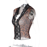 Daiiibabyyy  Women Elegant Leopard Print Lace Top Fashion V-neck Sleeveless Single-breasted Slim Cropped Tops Summer Ladies Streetwear