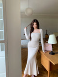 Daiiibabyyy  French Vintage Women Beige Elegant Square Neck Fishtail Evening Party Dresses Autumn Long Sleeve Vacation Pleated Wrap Hip Dress