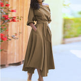 Daiiibabyyy  Women Summer Dress Solid Color Lantern Sleeve Belt Off Shoulder Pleated Mid-calf Vestidos Perfect for Casual Summer Days