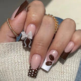 Daiiibabyyy  24pcs Retro Brown French Style Press On Nails Cute Bowknots Coffee Bean Polka Dot Decor False Nails Mid-length Coffin Fake Nail