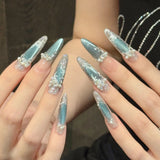 Daiiibabyyy  10pcs Blue Ice Crystal Cat's Eye Press On Nails Glitter Sequins Pearl Diamond Handmade Fake Nails Romantic French Tip False Nail