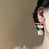 Daiiibabyyy  Fairy Sweet Pink Heart Beaded Bow Opal Ball Lily Flower Drop Multi-element Earrings Women and Girls Elegant Jewelry Gifts