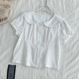 DAIIIBABYYY  -  French Sweet White Doll Collar Short Sleeve Women Bubble Sleeve Top Design Sense Pure Color Cotton Shirt
