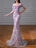Daiiibabyyy  Elegant Floral Print Off-Shoulder Prom Dress Women Floor Length Sequin Sleeveless Lace-up Wedding Dress Customized Evening Gowns