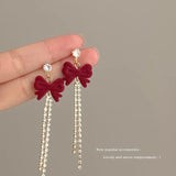 DAIIIBABYYY  -  New Romantic Winter Red Velvet Flocking Bow-knot Earrings Korean Fashion White Furry Ball Multi-style Dangle Earring Jewelry