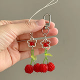 Daiiibabyyy  Handmade Red Bead Keychain Colorful Cute Exquisite Fruit Flower Bag Mobile Phone Pendant Fashion Purse Headphone Bag Accessories
