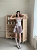 DAIIIBABYYY  -  Silver Pink Cute Satin Short Dress 2024 Women Bow Square Neck Ball Gown Mini Corset Dress Vacation Clothes