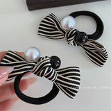DAIIIBABYYY  -  Celebrity Classic Style Striped Pearl Bow Black and White Color Matching Towel Ring Hair Band Texture Hair Rope Hair Accessories