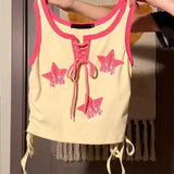 DAIIIBABYYY  -  Summer Sweet Young Style Women Printing Frenulum Vest Tops Trend Fashion Lacing Drawstring Street Casual Round Neck T-shirt