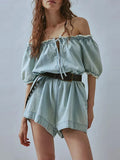 Daiiibabyyy  Casual Bubble Sleeve Solid Color Short Romper Women Fashion Lace-Up Hollow Summer Playsuit Fashion Square Collar Denim Jumpsuit