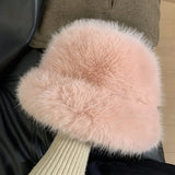 Daiiibabyyy  New Fashion Faux Rabbit Fur Bucket Hat for Women's Russian Luxury Fluffy Warm Wrap Winter Hat Fuzzy Plush Beanies Hat Y2k