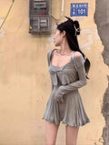 Daiiibabyyy  Two Piece Sets Women Clothing Sun Protection Crop Korean Cardigan + Fashion A-Line Mini Slip Dress Autumn Y2k Solid Color Suit