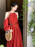 DAIIIBABYYY  -  Sexy Red Green Long Holiday Beach Party Dress Bohemian Fashion Halter Off Shoulder Dress Robe Beads Sequined Belted A Line Dress