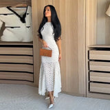 Daiiibabyyy  French Style White Lace Midi Dresses Women Trendy Sleeveless Crew Neck Bodycon Mermaid Hem Elegant Bridesmaid Wedding Guest Gown