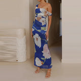 Daiiibabyyy  Pattern printed women's temperament slim fit dress casual vacation elegant off shoulder fashion party long dress