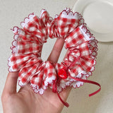 Daiiibabyyy  1PC Red And White Plaid Scrunchie With Lace Trim And Heart Button,Cute Hair Accessory For Women, Stylish Hair Tie For Daily Wear