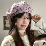 DAIIIBABYYY  -  Spring and Summer New Bow Print Cloud Beret Women's Sweet and Versatile Large Version Octagonal Painter Hat Gorras Para Mujer