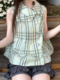 Daiiibabyyy  Preppy Japanese Turn Down Collar Sleeveless Single Breasted Plaid Women Shirt