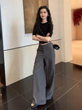 Daiiibabyyy  Gray High-Waisted Wide-Leg Pants Drapey Fabric Loose Fit Casual Women's Fashion Trousers Daily Wear Bottoms