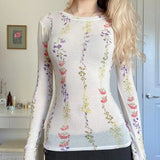 DAIIIBABYYY  -  Fresh and Sweet Plant Print Lightweight Slim Fit T-shirt Salt Series Girl Long Sleeved Round Neck Base Top