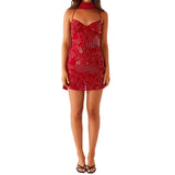 Daiiibabyyy  Women's Summer Sequined Flower Embroidery Beaded Bodycon Mini Dress Sleeveless Spaghetti Strap V Neck Night Out Dress with Scarf