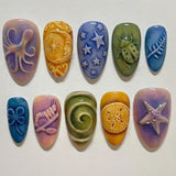 Daiiibabyyy  24pcs Wearable Press on Nails Sets Blue Mid-length Almond False Nail with Leaves Pearl Starlight Design Fake Nail Tips Manicure