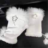 Daiiibabyyy  Winter Rabbit Fur Half Finger Sexy Leopard Gloves Fur Suede Adjustable Design Fingerless Y2K Gloves Padded Thickened Outdoor