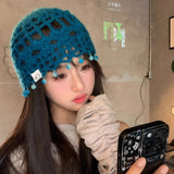 Daiiibabyyy  Bohemian Color Beaded Fringed Knitted Beanies Y2K Summer and Autumn Travel Fashion Versatile Breathable Pullover Hats Women