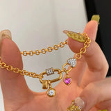 Daiiibabyyy  French Style Retro Red Zircon Heart Design Bracelets Fashion Gold Color Chain Bracelet Hand Jewelry For Women