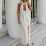 Daiiibabyyy  Elegant Sleeveless Embroidery Hollow Long Dress Women Fashion Backless White Party Dresses Sexy Halter Lace-Up Cover-Up Swimsuit