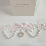 Daiiibabyyy  Fashion Cute Lolita Lace Pink Bow Pearl Tassels Necklace for Women Sweet Princess Heart Pendant Choker Cosplay Party Jewelry