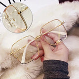 DAIIIBABYYY  -  New Fashion Anti-Blue Light Glasses Glitter Metal Gold Color Frame Flat Lens Plain Eyeglasses Women Large Square Frame Eyewear