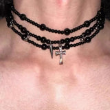 Daiiibabyyy  Punk Y2K Black Crystal Cross Pendant Necklace for Women Vintage Multi Layer Beads Choker Goth 90s EMO Charm Jewelry Gift