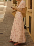 Daiiibabyyy  Fashion Hight Wasit Party Women Dress V-neck Short Sleeve Seaside Vacation Dress Elegant Polka Dot Printed Bohemian Long Dress