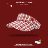 DAIIIBABYYY  -  Korean New Small Fresh and Sweet Plaid Button Empty Top Hat Women's Summer Outdoor Versatile Sunshade Drawstring Sun Cap Gorras