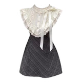 Daiiibabyyy  French Vintage Plaid Fake Two-Piece Dress Women Summer New Lace Splicing Elegant Sleeveless Short Skirt Geometric Pattern Pol...