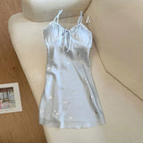 Daiiibabyyy  Blue Silver Butterfly Padded Cami Sleep Dress Ice Silk Nightgown with Built-in Bra Women Summer Sweet Butterfly Print Nightdress