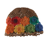 Daiiibabyyy  Sweet Colorful Flower Hollow Knitted Hat Crochet Bohemian Style Beanie Cap Thin Hollow Ethnic Style Pullover Hat Ladies